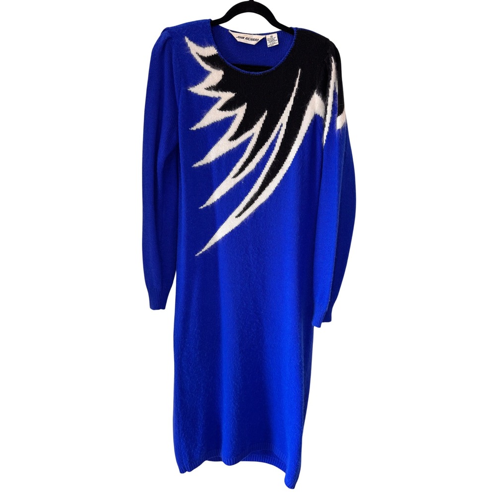 Vintage John Richard Sweater Dress Size M Blue Graphic Intarsia Angora Glam Bold